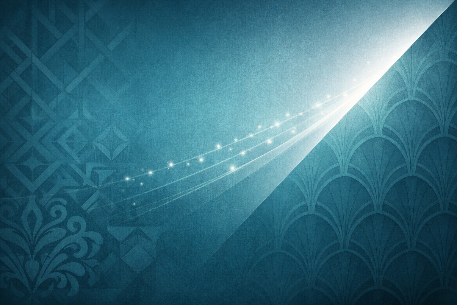 Abstraktes Tapetenbild in Petrolblau mit geometrischem Ornamentmuster und diagonaler Lichtführung.